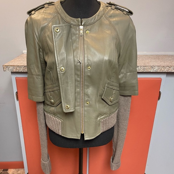 Woman green leather jacket with sweater leaves - Picture 2 of 5